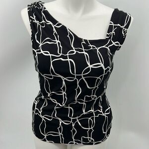 Worthington asymmetrical neckline black white blouse